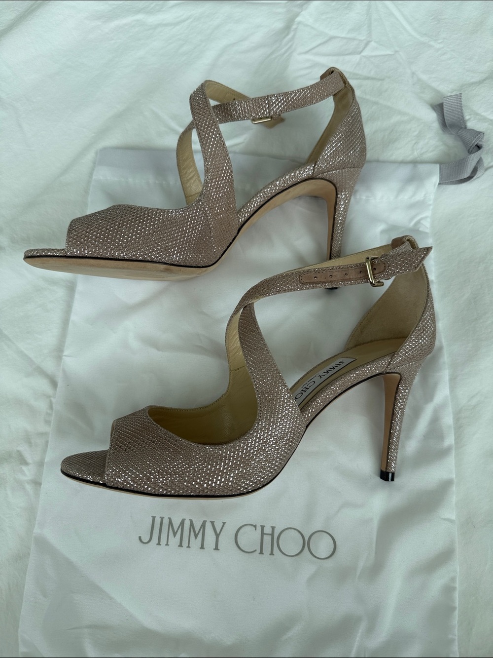 Jimmy Choo Rose Gold Glitter Strappy Stiletto Sandals